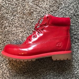 Red Timberland boots waterproof